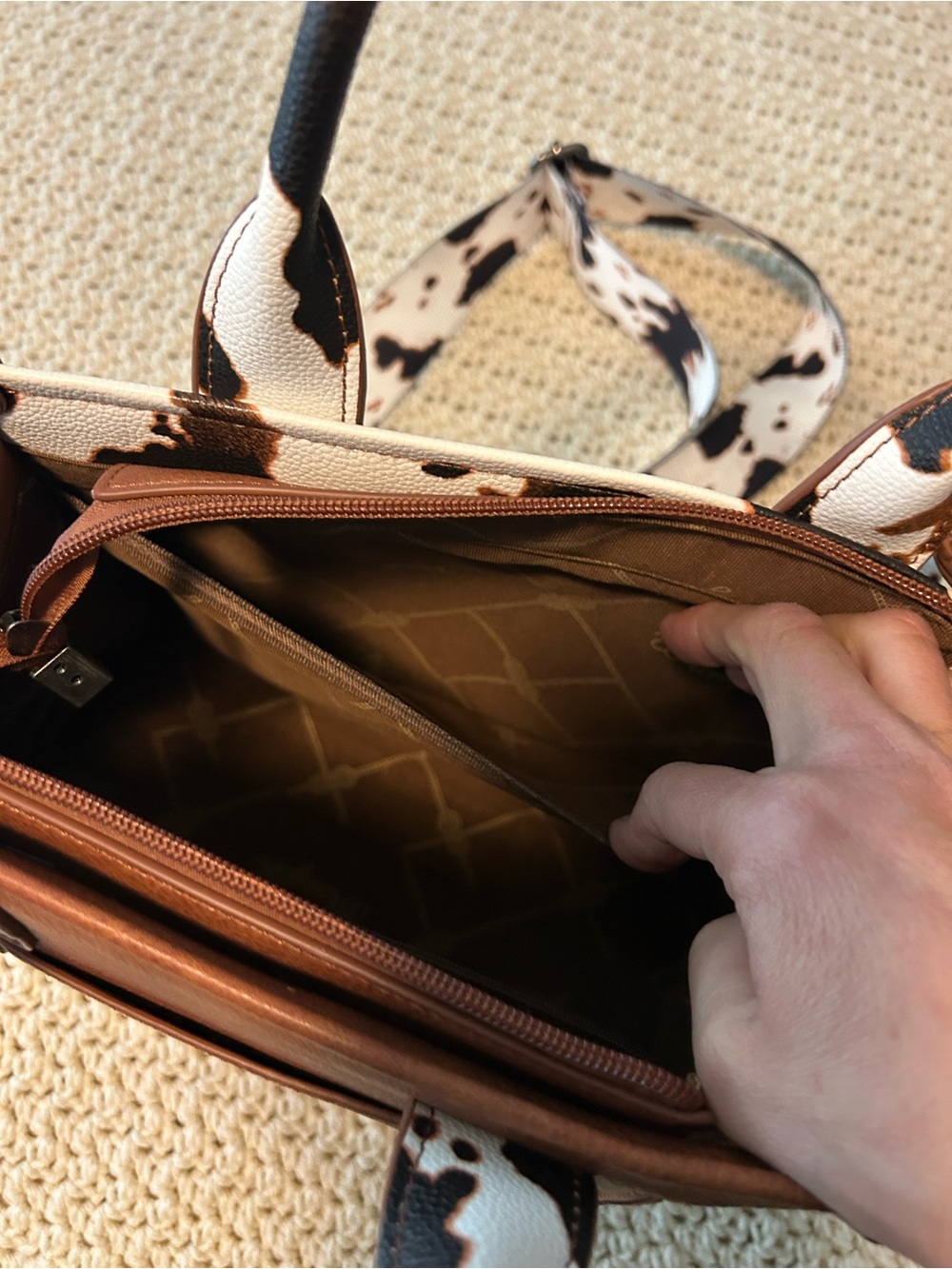 Wrangler Brown and White Cow Print Satchel with Leather Trim - Picture 7 of 8